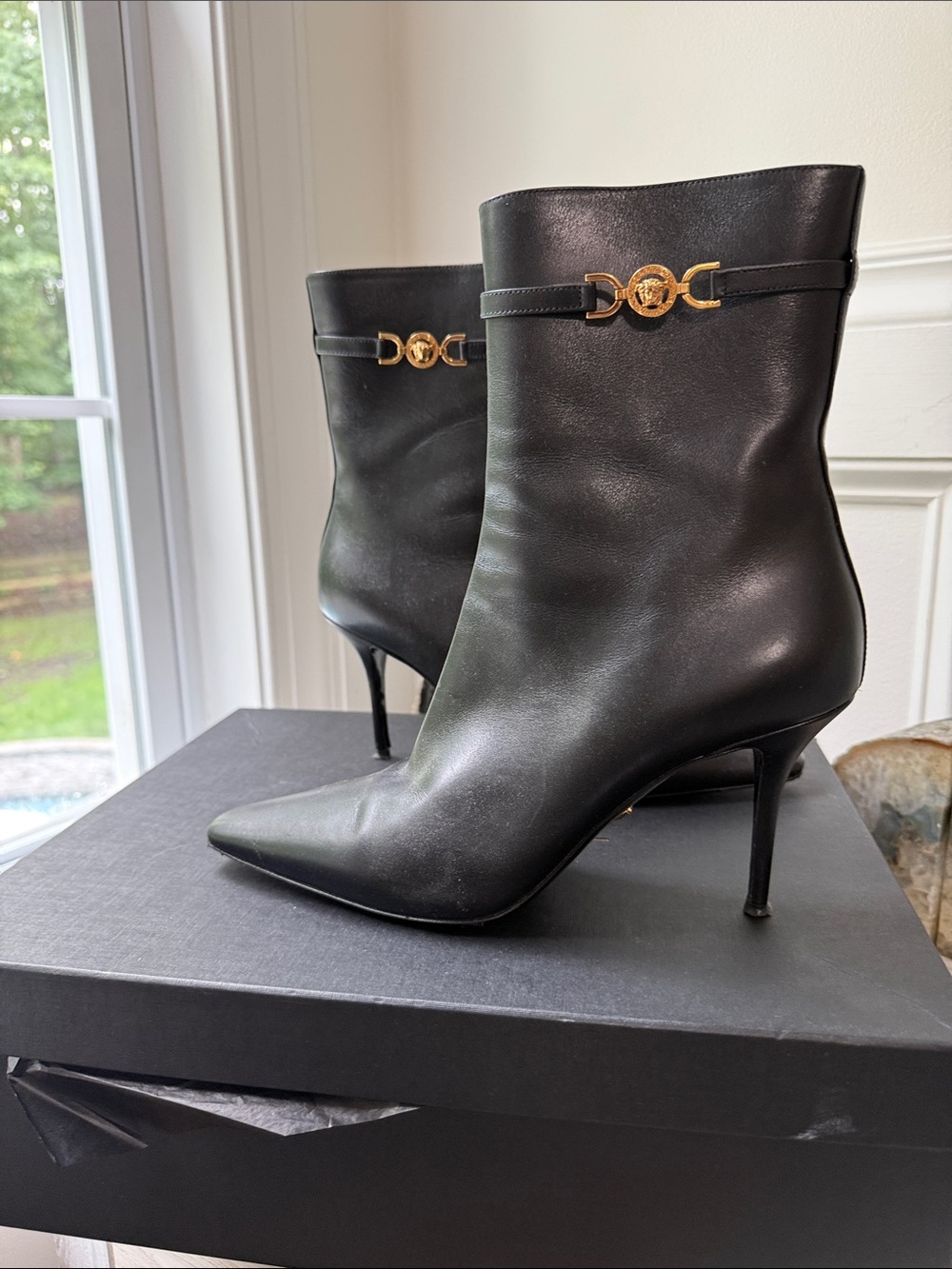 Versace Black Leather Pointed Ankle Boots with Gold Medusa Hardware